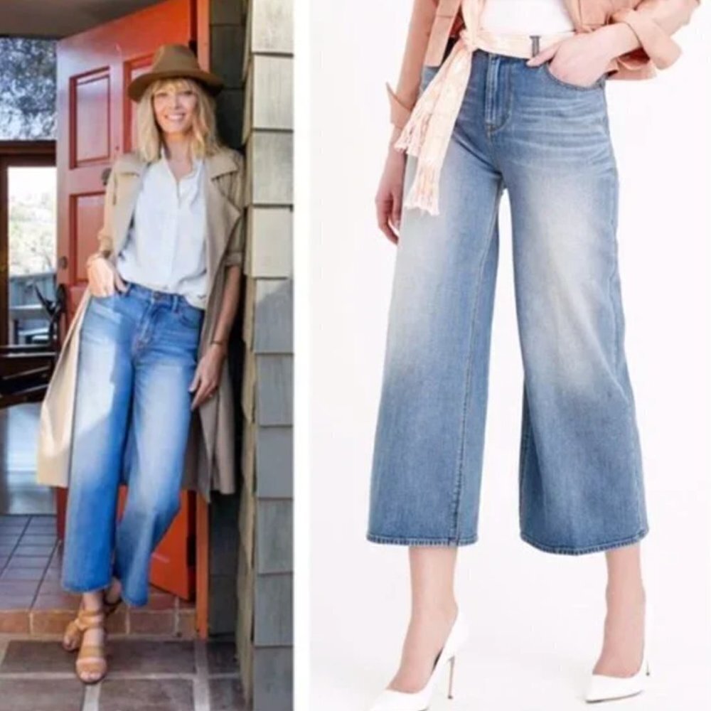 J. Crew Rayner Wide Leg Jean High Rise Ankle Crop Stretch Denim Mid Blue Wash 30